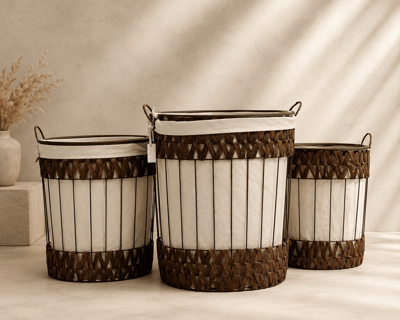 White & Brown Woven Laundry Basket Set with Tassels