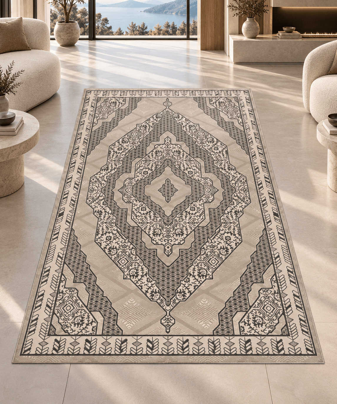 Grey Medallion Pattern Area Rug