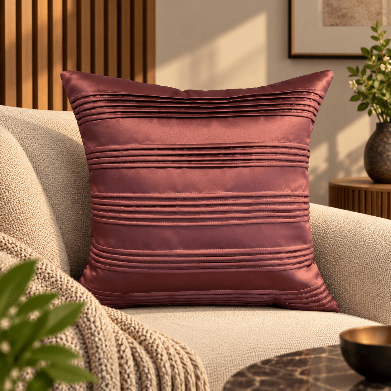 Wine Pleated Satin Cushion Cover Design 5927