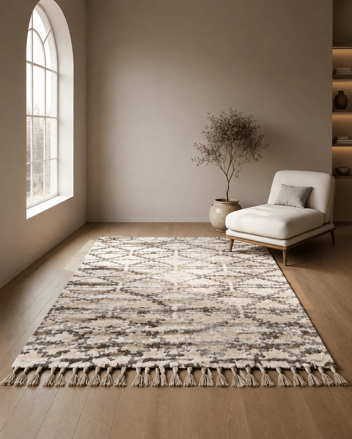 Ivory Gray Medallion Fringed Rug