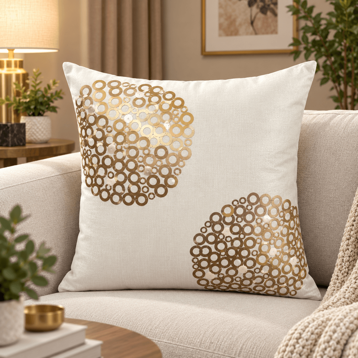 White Gold Circle Cushion Cover Design 3508