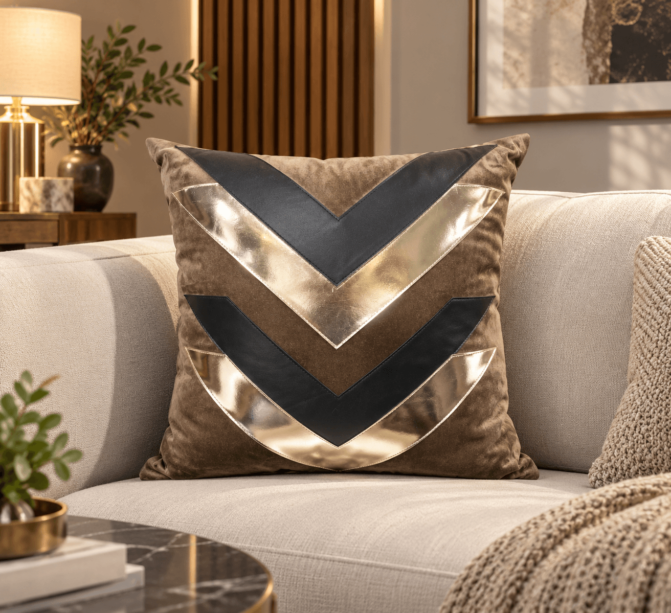 Brown Gold Chevron Cushion Cover Design 5911