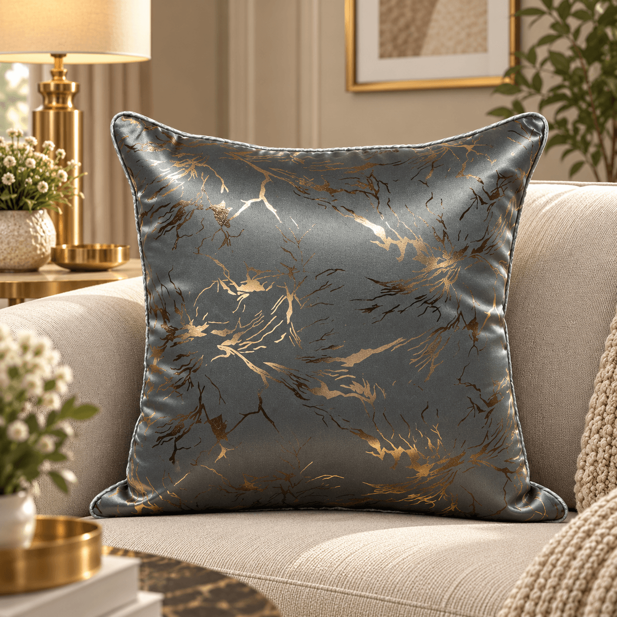 Slate Grey Gold Crackle Cushion Cover Design cc1211