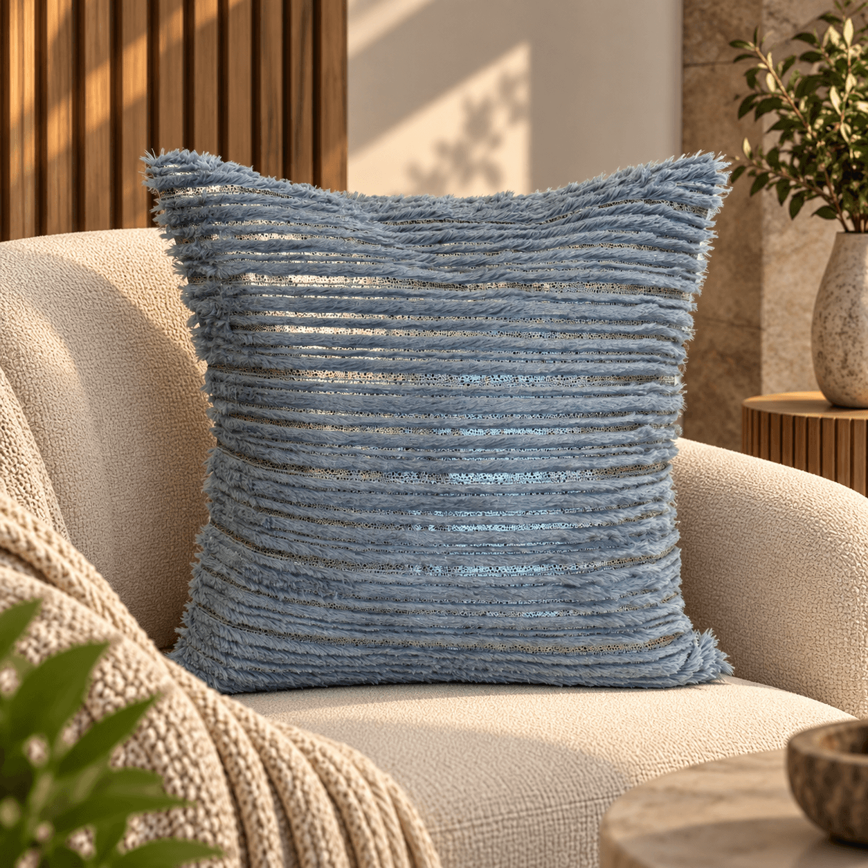 Blue Fringe Metallic Stripe Cushion Cover Design 1415