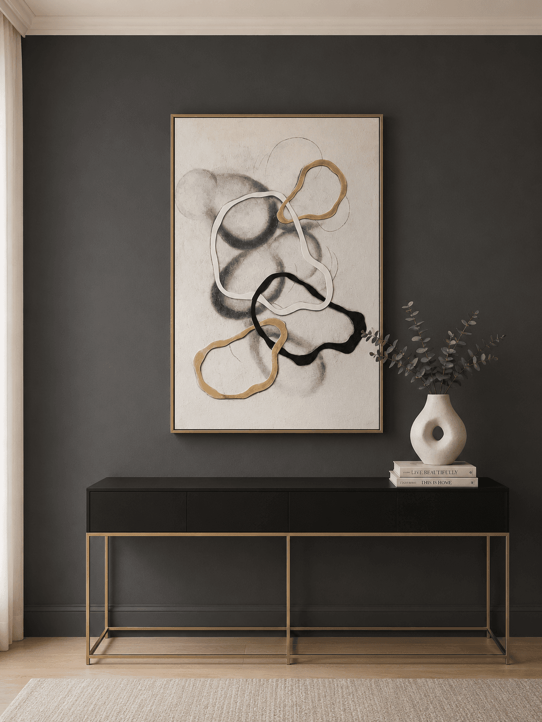 Framed Abstract Gold & Black Swirl Lines 80-120cm