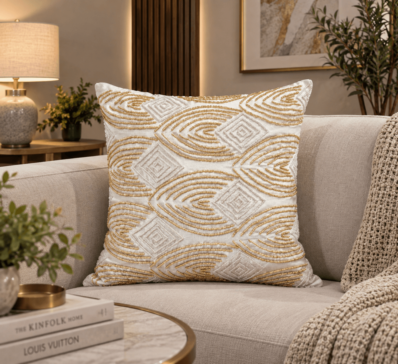 White Gold Leaf Cushion Cover Design 4532