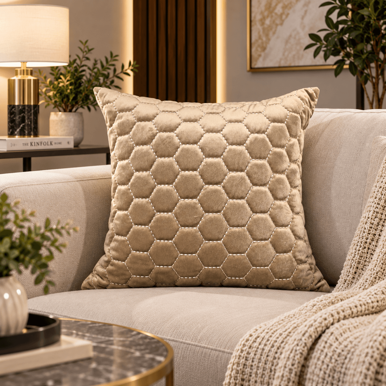 Champagne Honeycomb Quilted Cushion Cover Design 5915