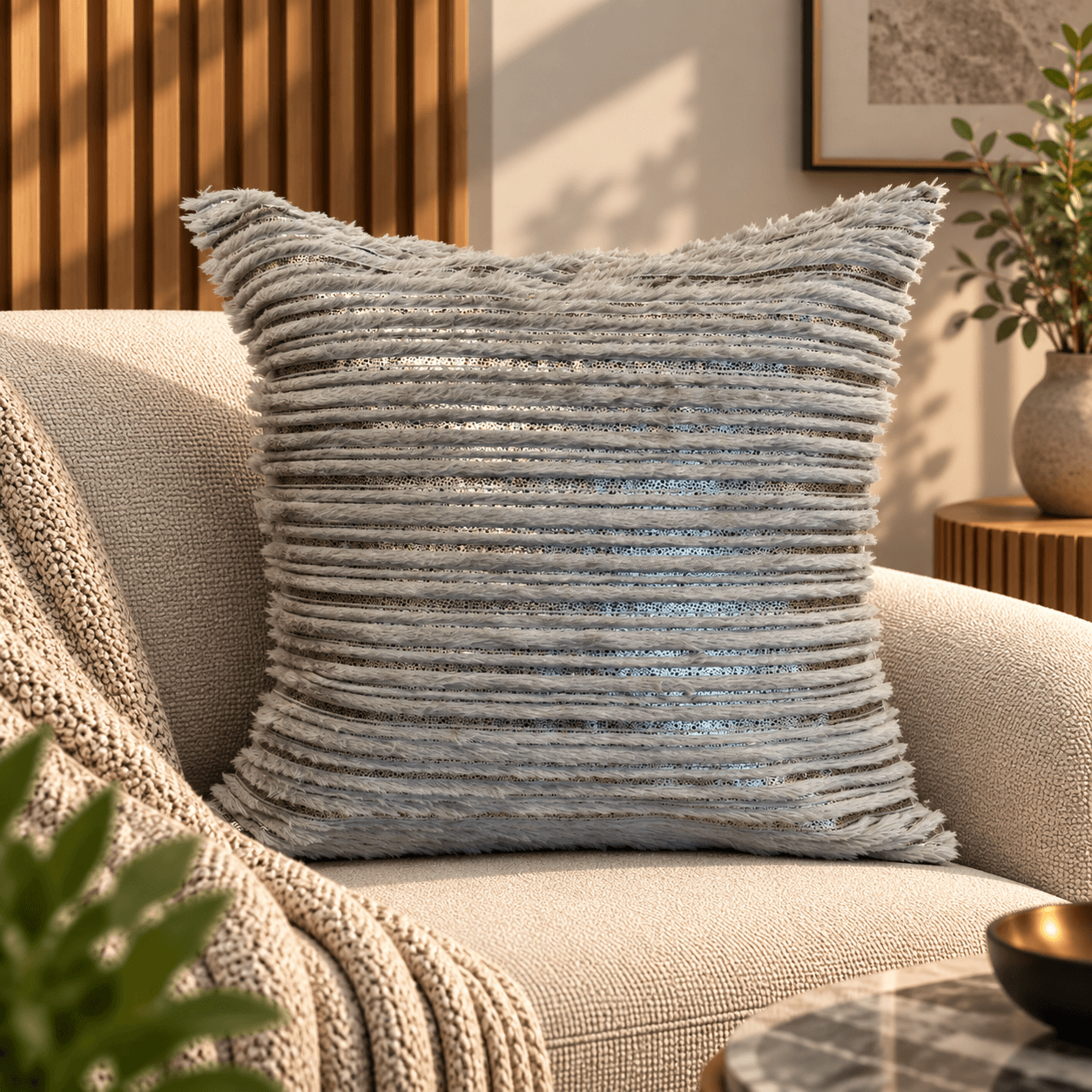 Grey Fringe Metallic Stripe Cushion Cover Design 1415