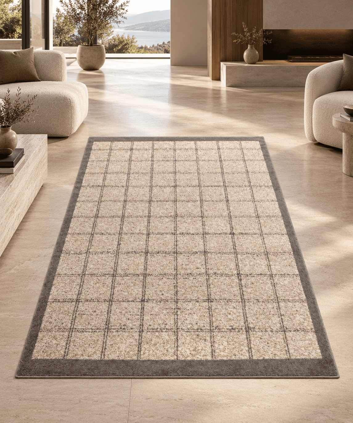 Beige Grid Pattern Area Rug