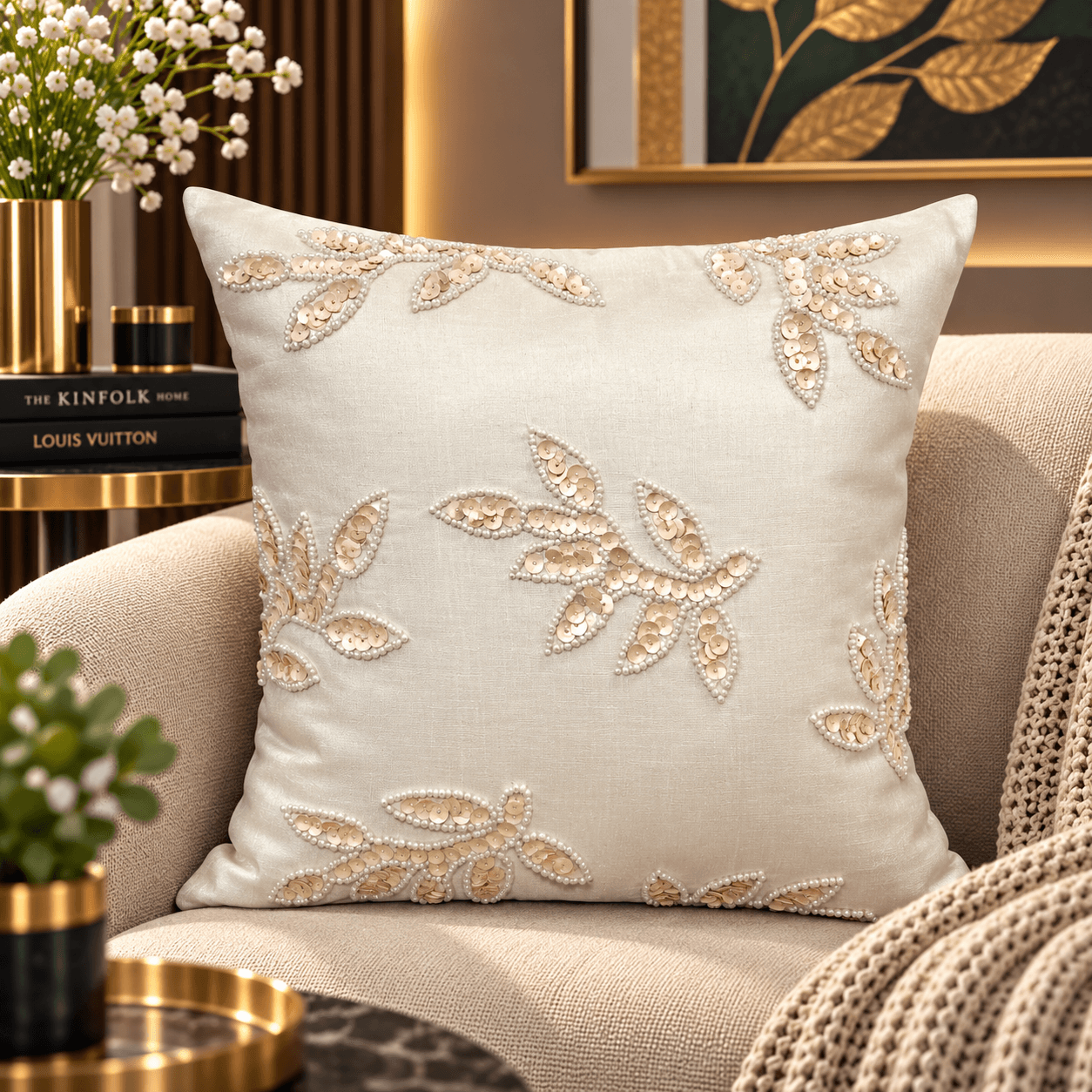 White Embroidered Cushion Cover Design 3509