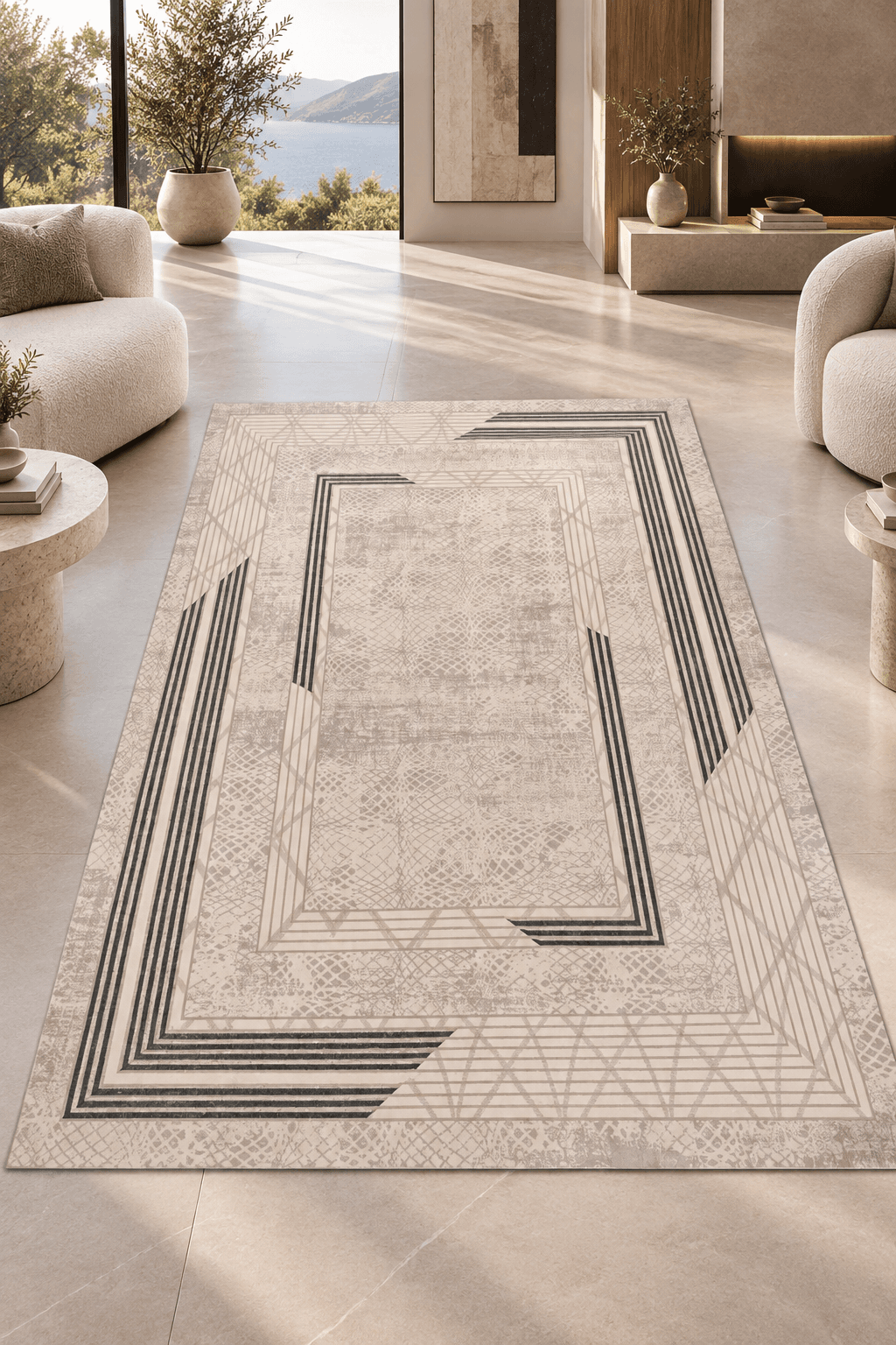 Light Grey Geometric Border Area Rug