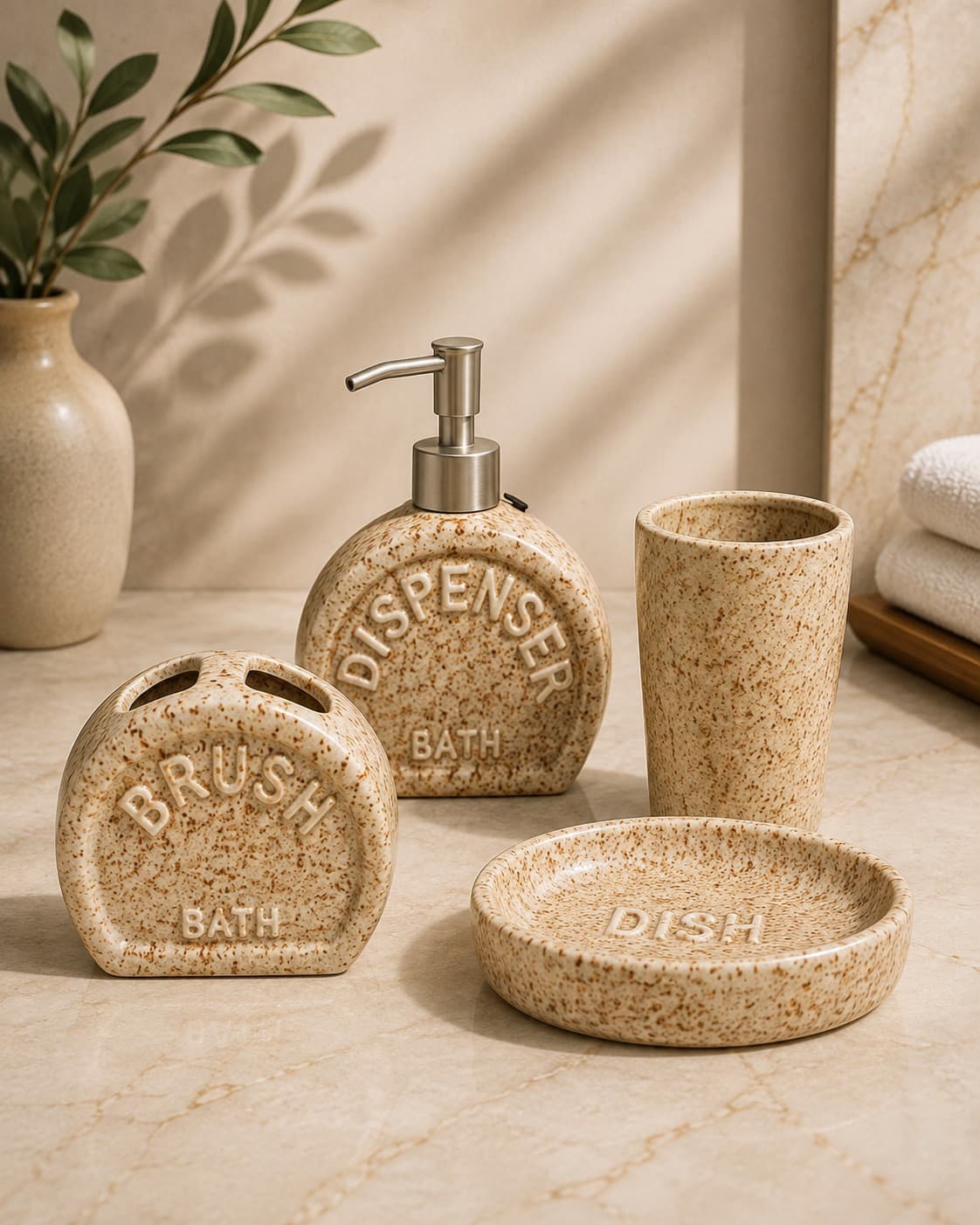Speckled Beige Ceramic Bath Accessories Set