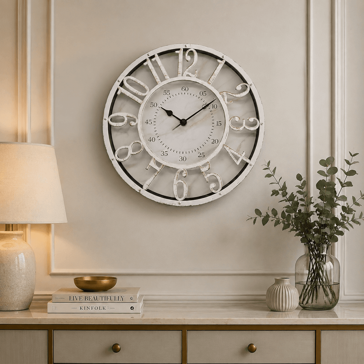 White Ornate Wall Clock Living Room