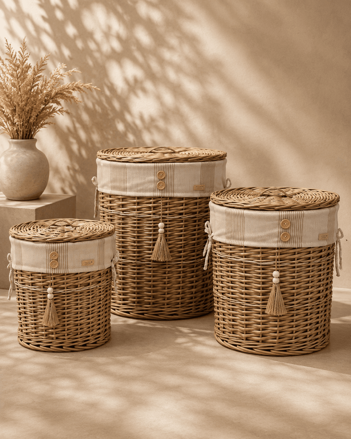 Natural Tan Woven Basket Set with Tassels