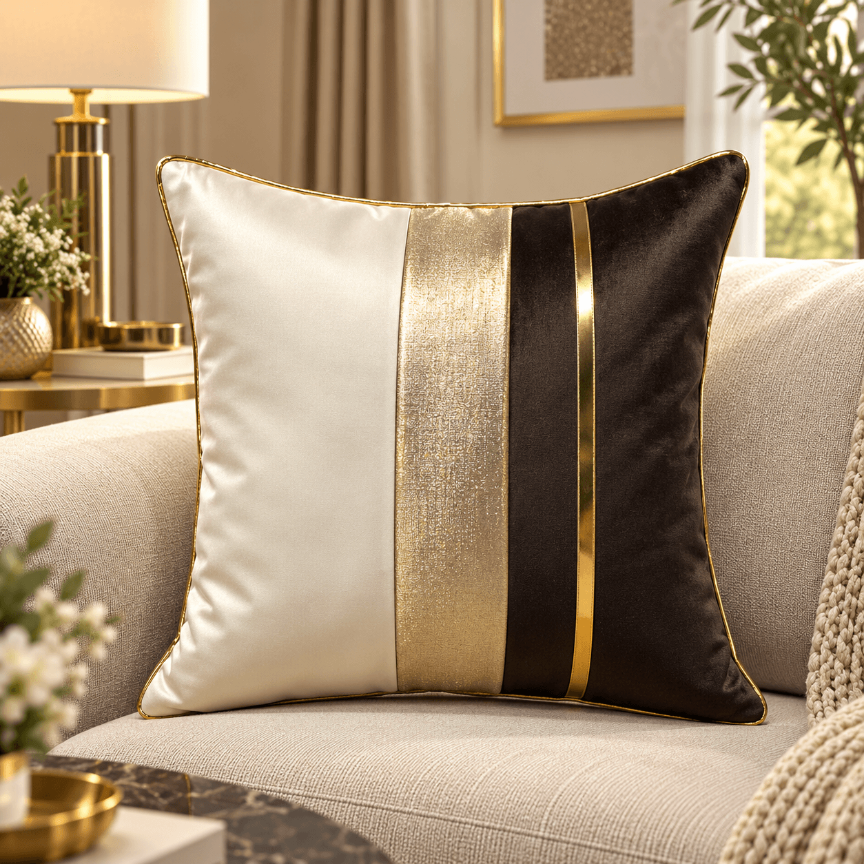 Ivory Gold Brown Colorblock Cushion Cover Design as4375
