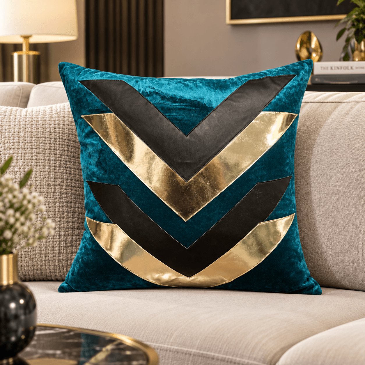 Teal Gold Chevron Cushion Cover Design 5911