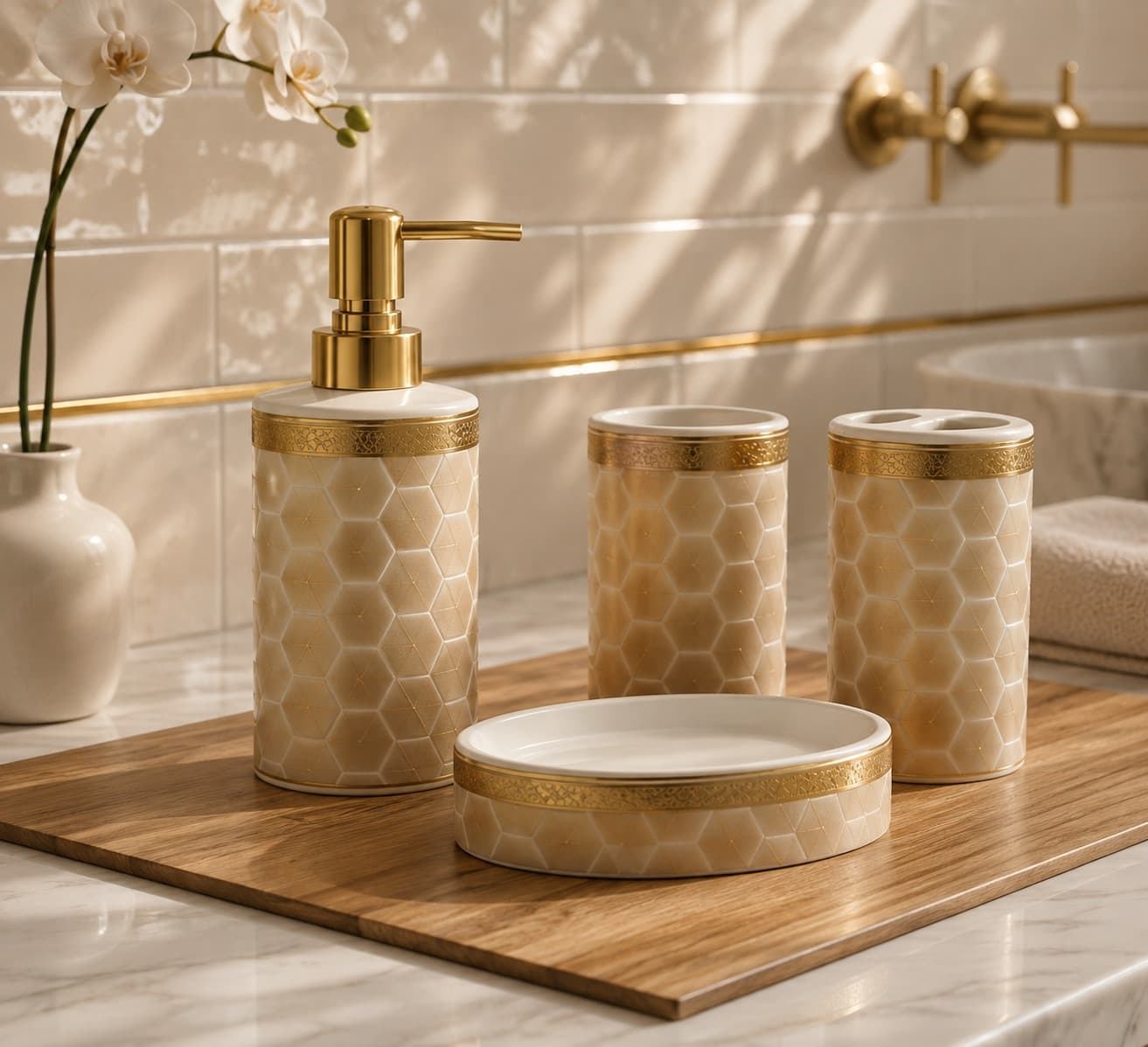 Natural Wood Tray Soap Dispenser Set view 3