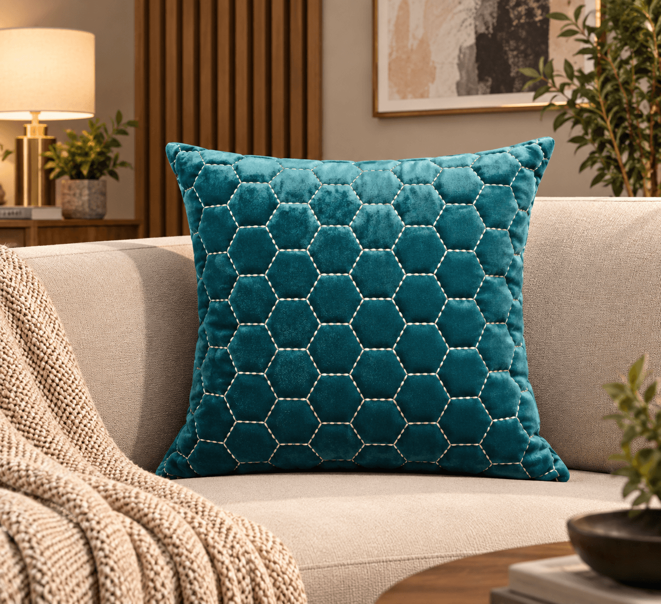 Teal Honeycomb Quilted Cushion Cover Design 5915