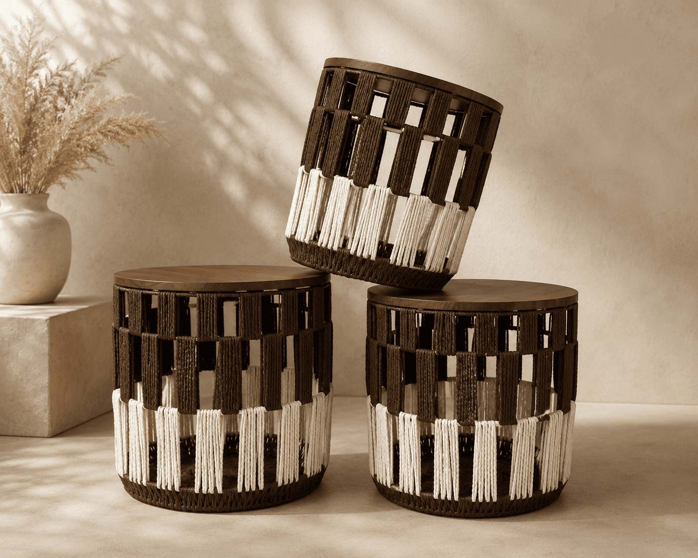 Dark Brown & White Woven Basket Set with Handles