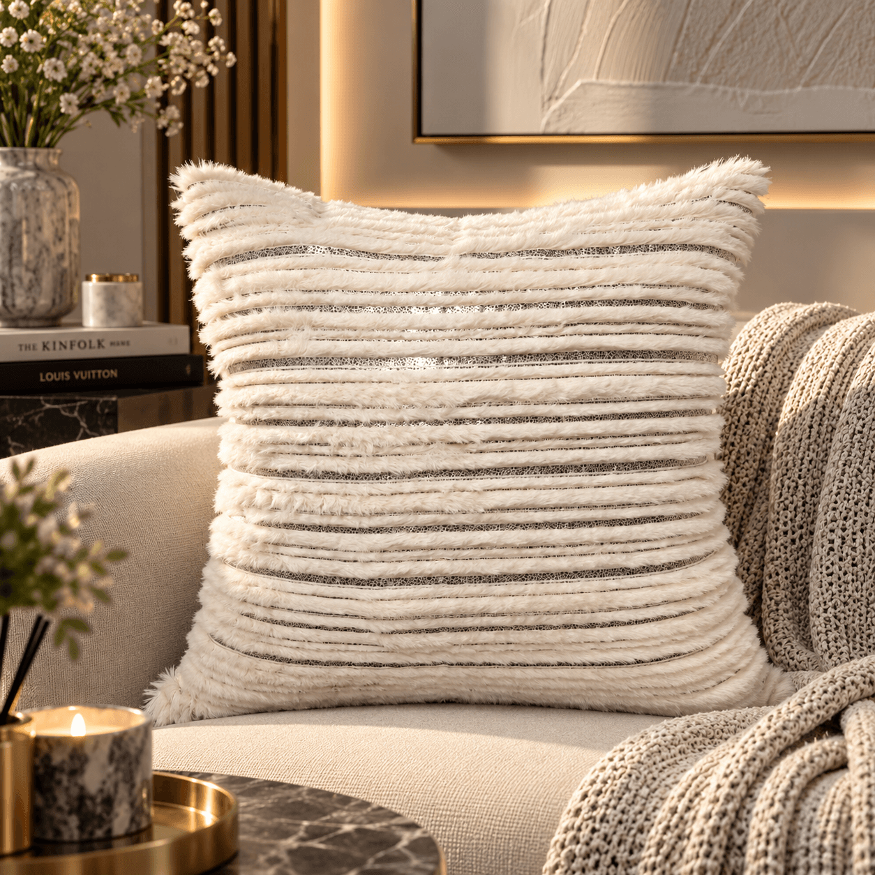 Ivory Fringe Metallic Stripe Cushion Cover Design 1415