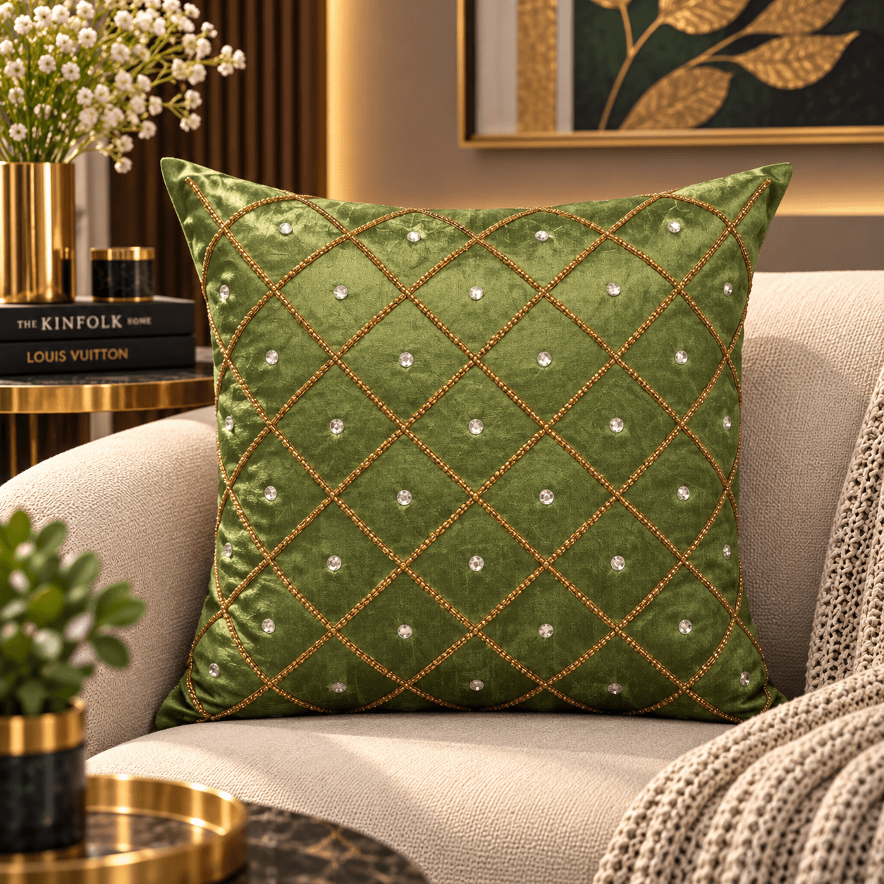 Green Diamond Cushion Cover Design 3509