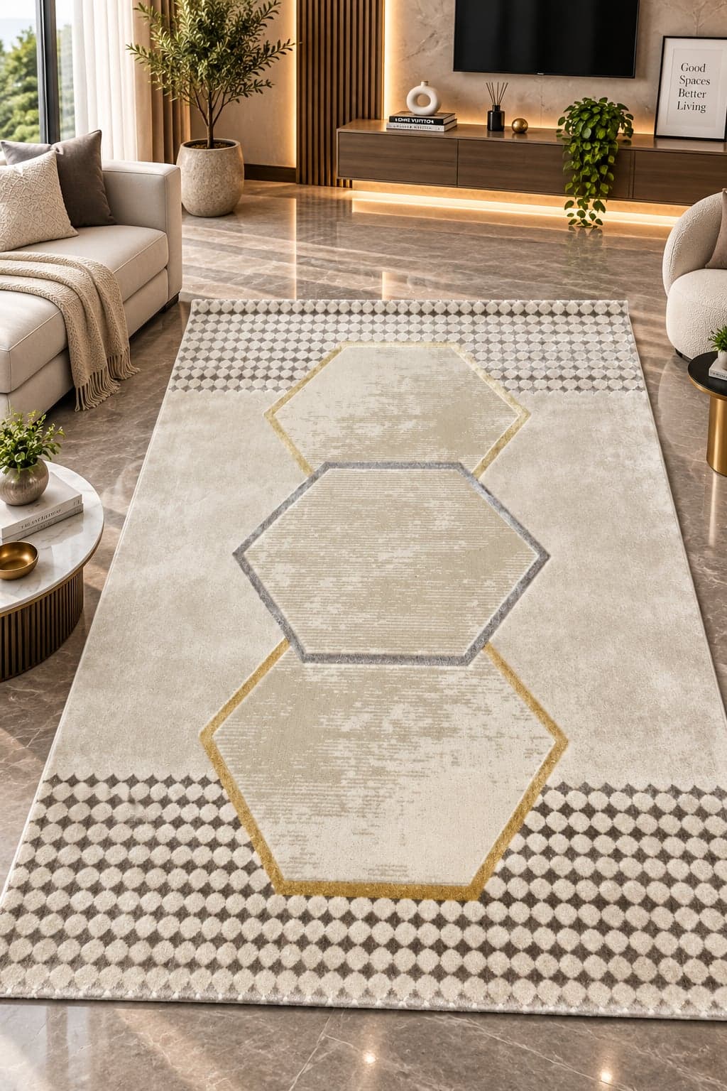 Ivory Gold Hexagon Area Rug 6*4fts
