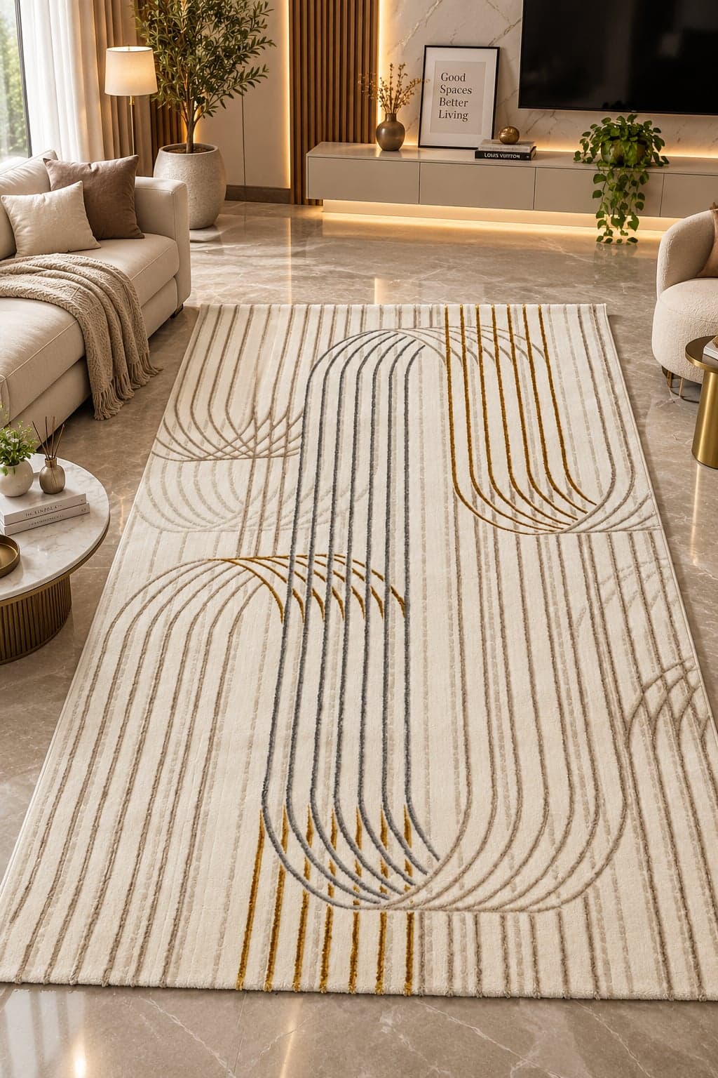 Ivory Gold Wave Line Area Rug 6*4fts