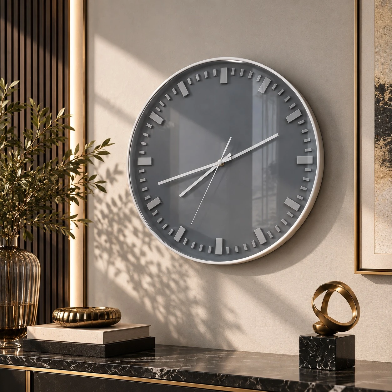 Charcoal Modern Wall Clock Console - marble console lifestyle