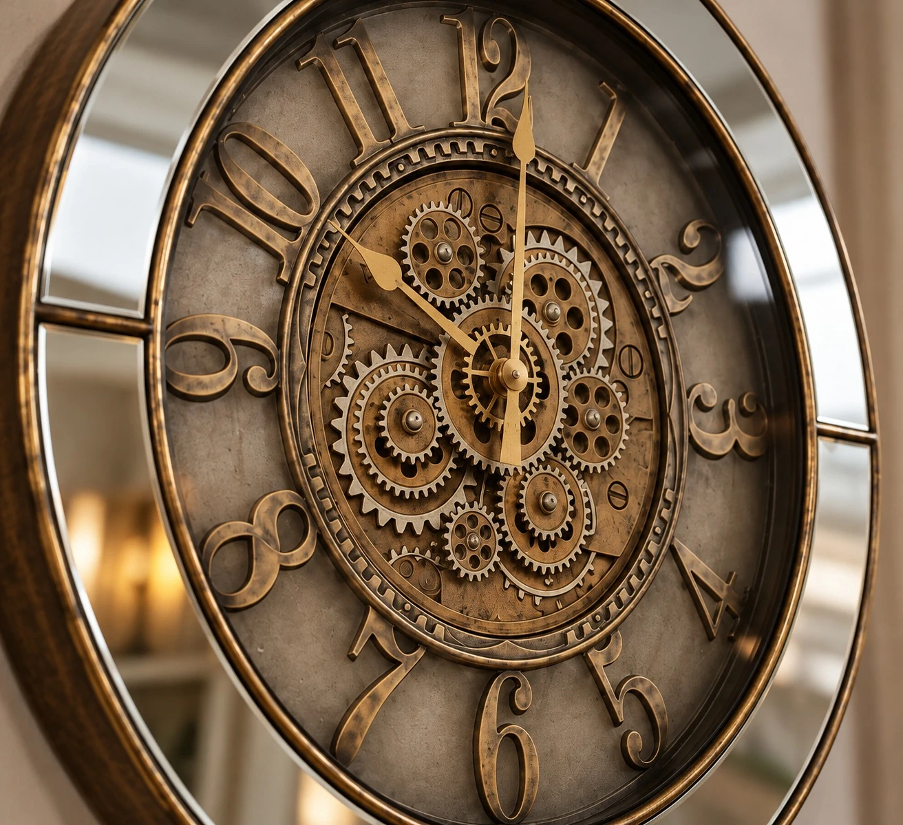 Antique Steampunk Wall Clock - gear cluster macro detail