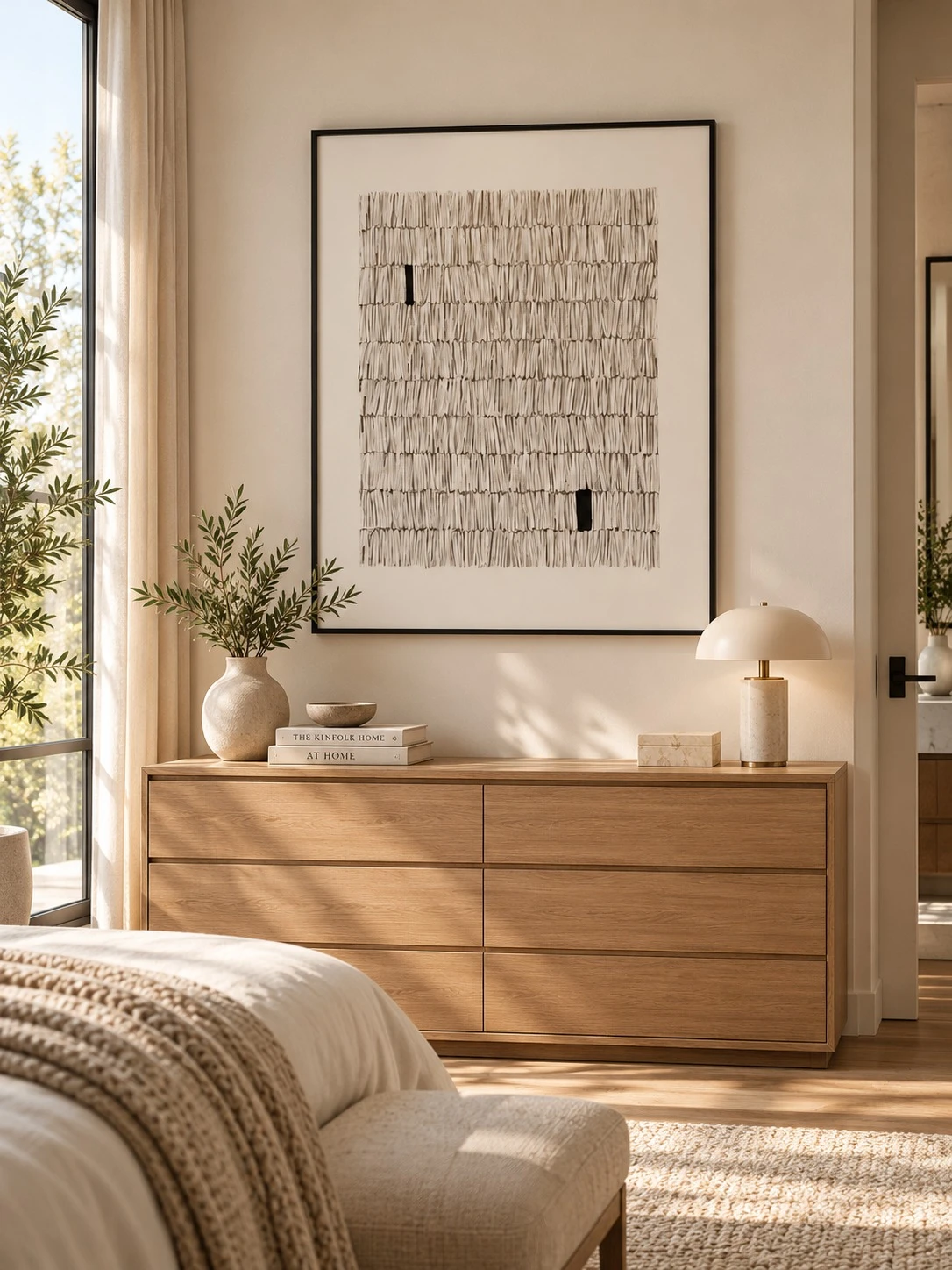 Framed B&W Abstract Lines Art 120x150 cm - styled in a bedroom