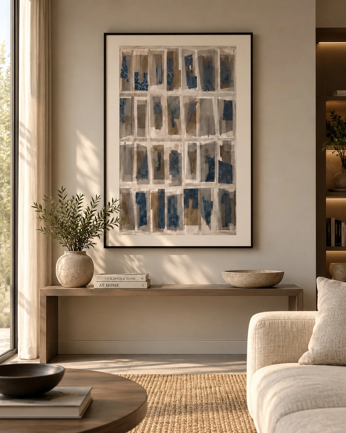 Framed B&W Grid Pattern 80x120 cm - styled in a living room