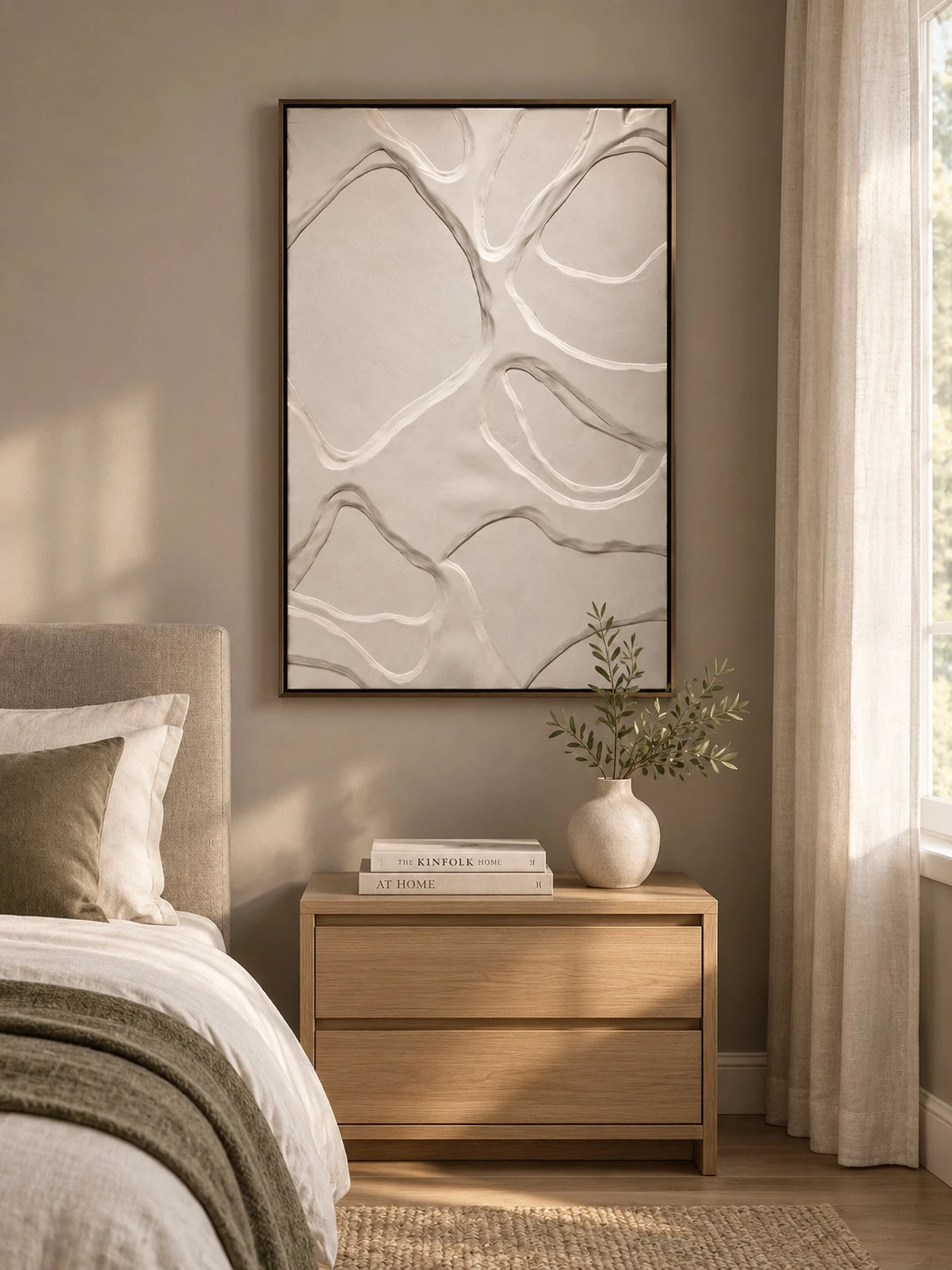 Framed Botanical Leaf Art Print 80x120 cm - styled in a bedroom
