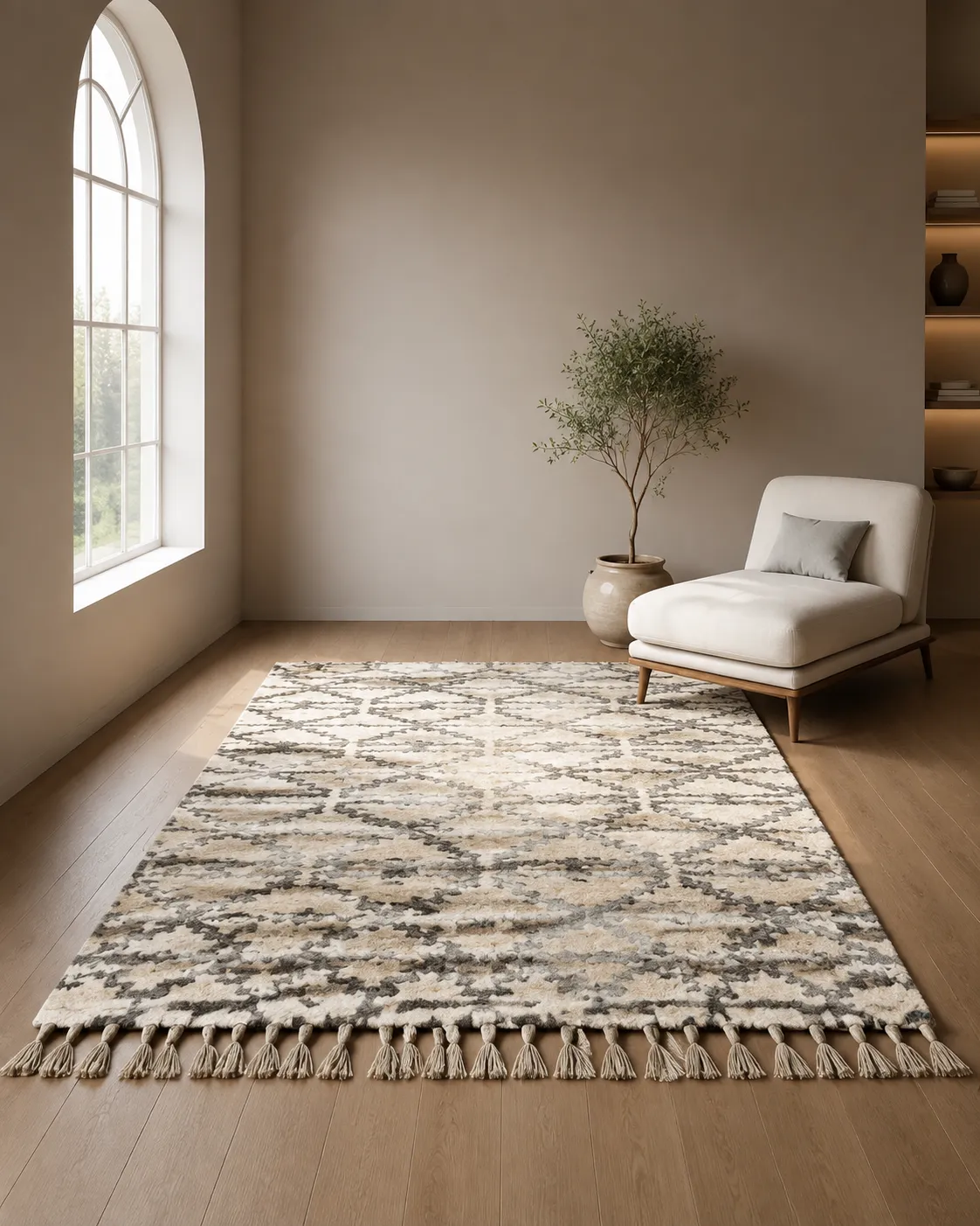 Ivory Gray Medallion Fringed Rug