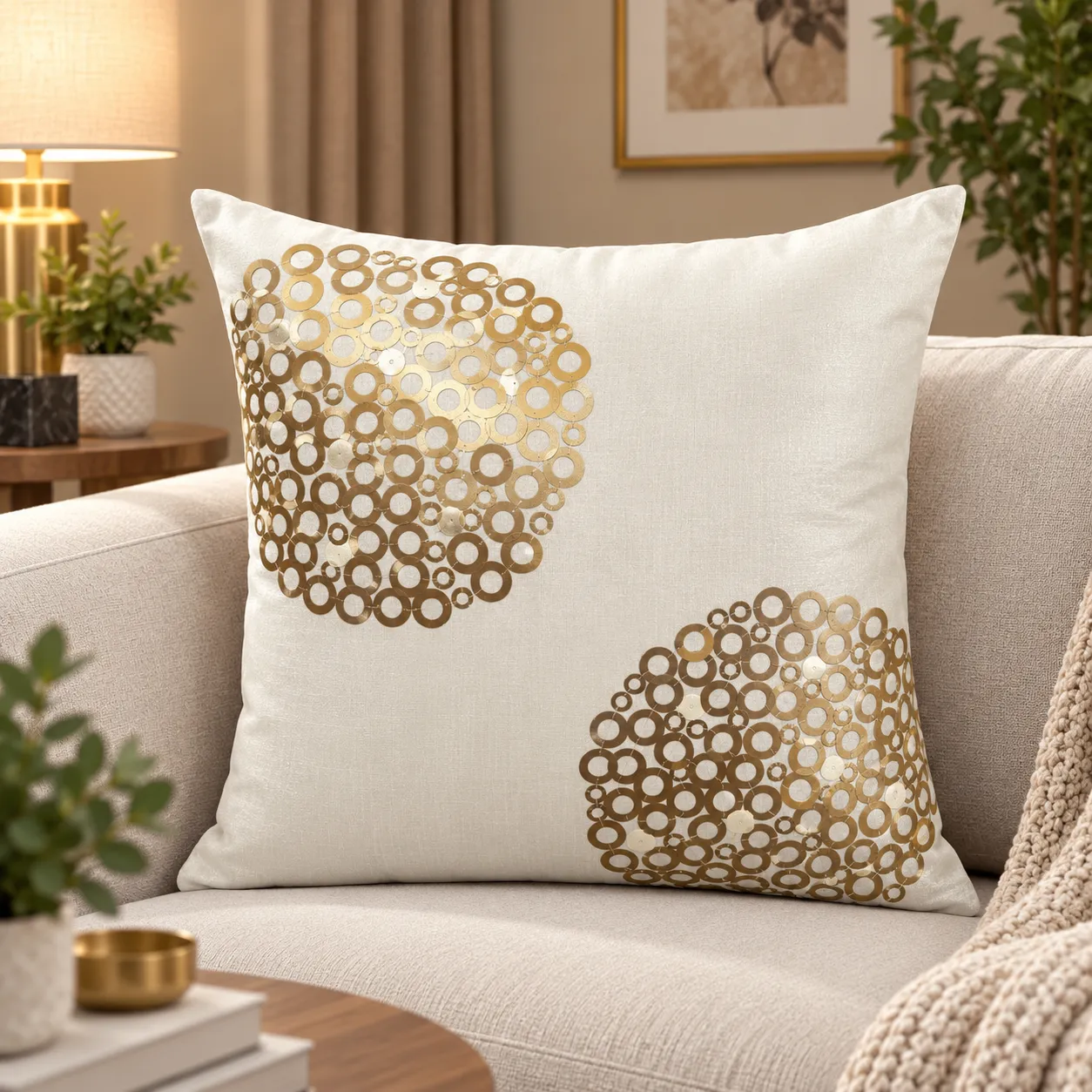 White Gold Circle Cushion Cover Design 3508