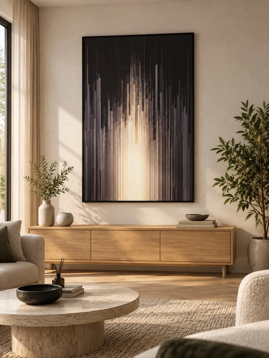 Framed Dark Abstract Vertical Lines 120x180 cm above a living room sideboard