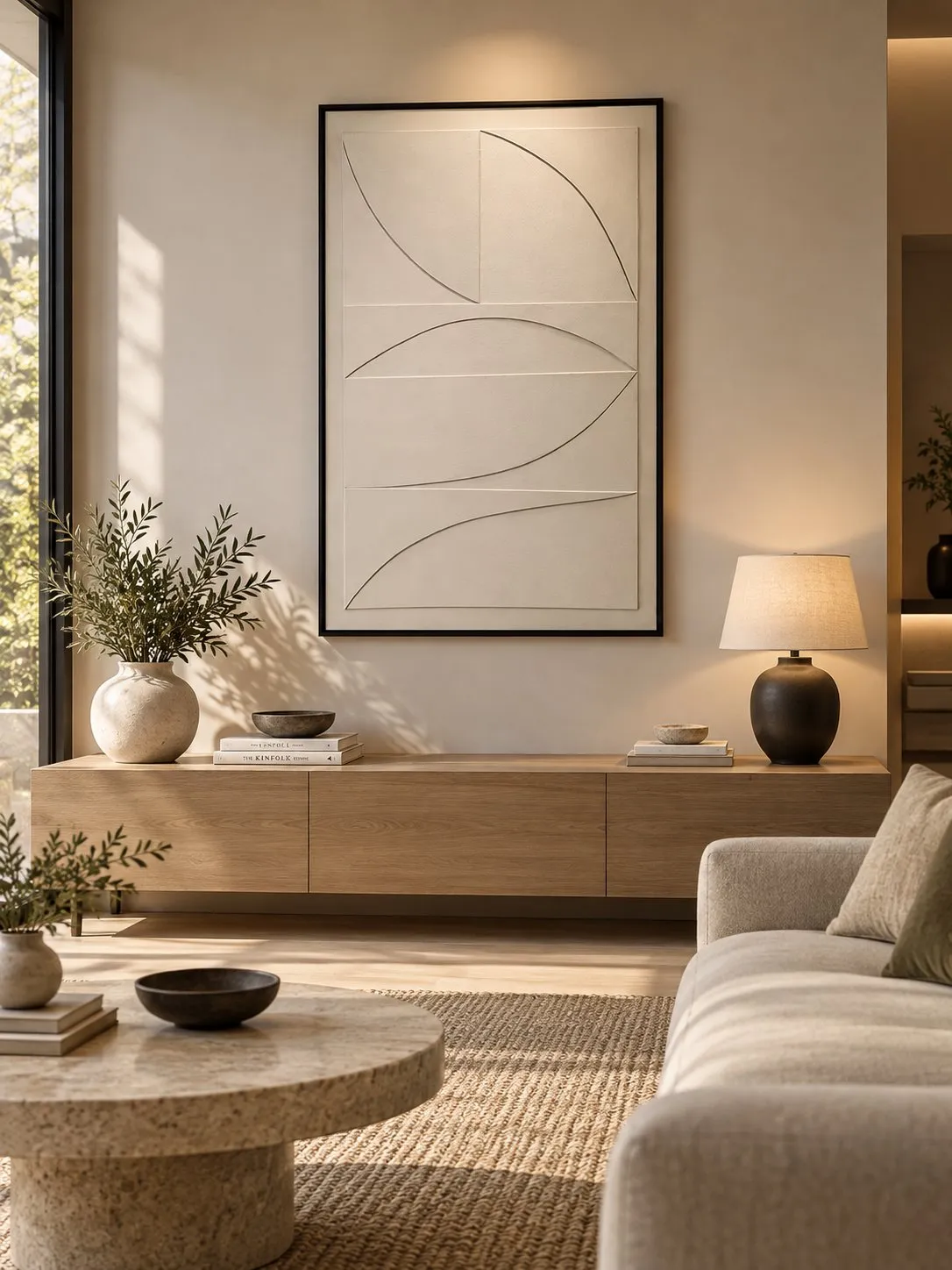 Framed Cream Botanical Art Print 80x120 cm above a living room console