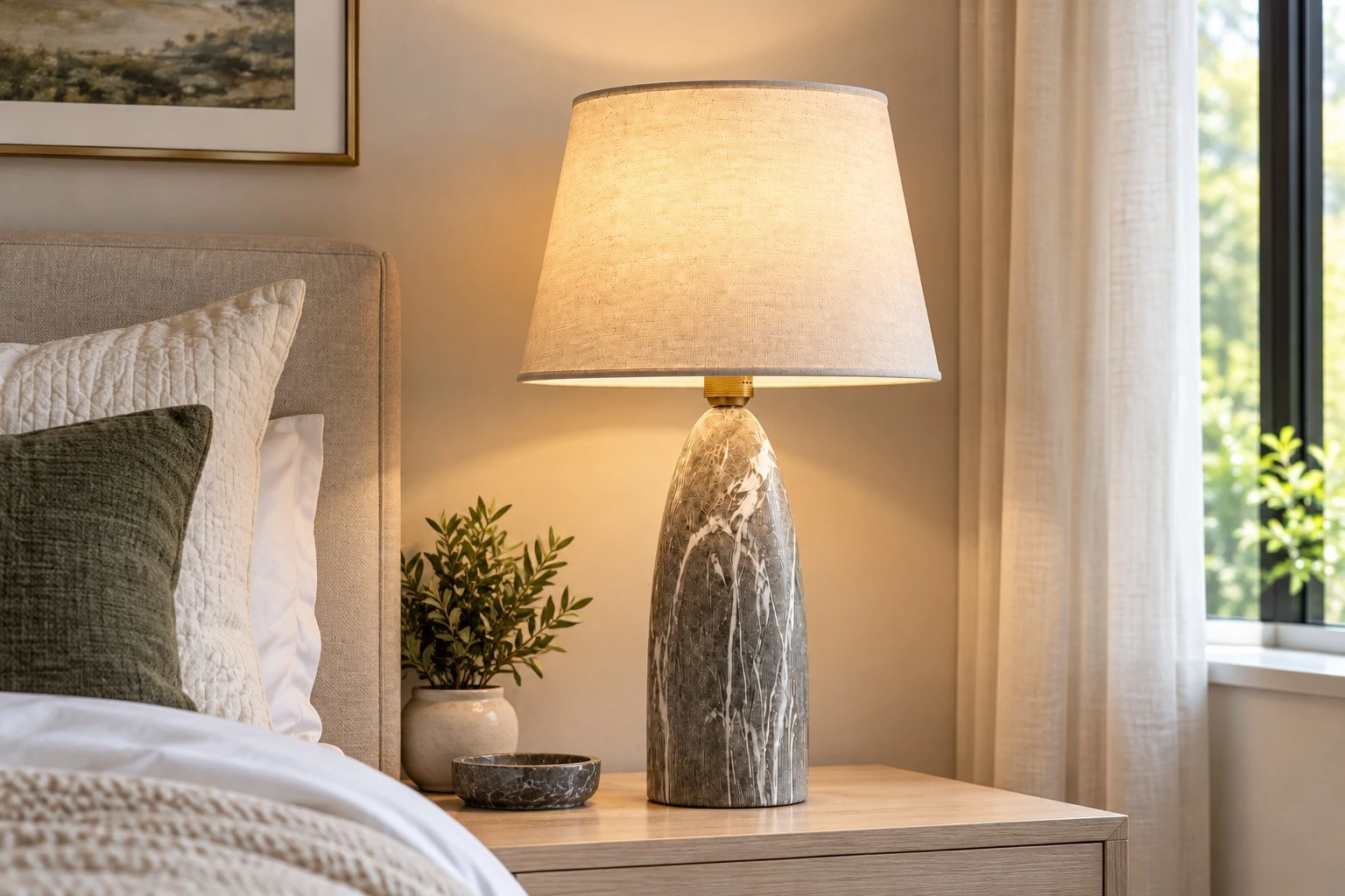 Grey Marble Dome Table Lamp on bedside table
