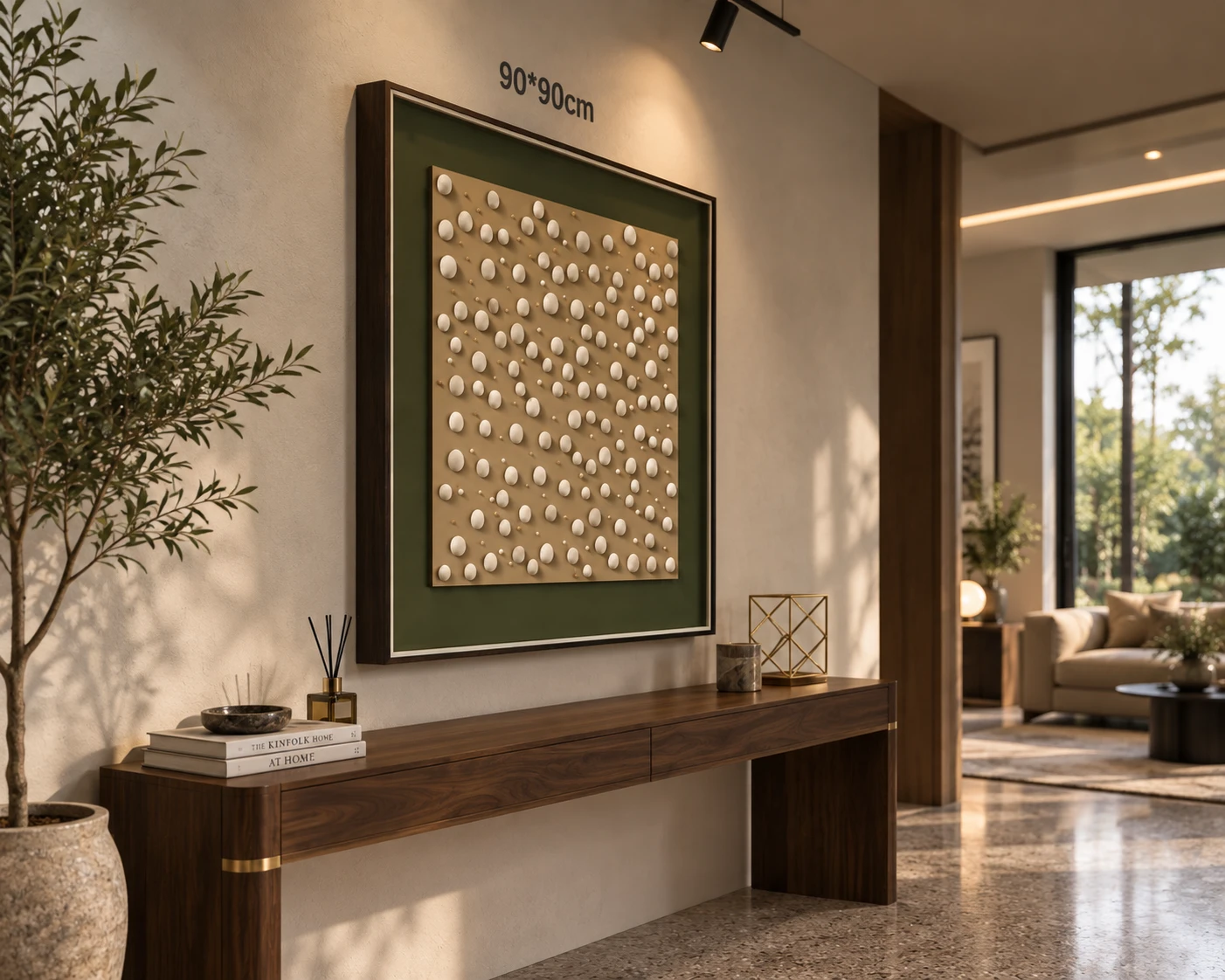 Framed cream dots textured art with green mat, side view