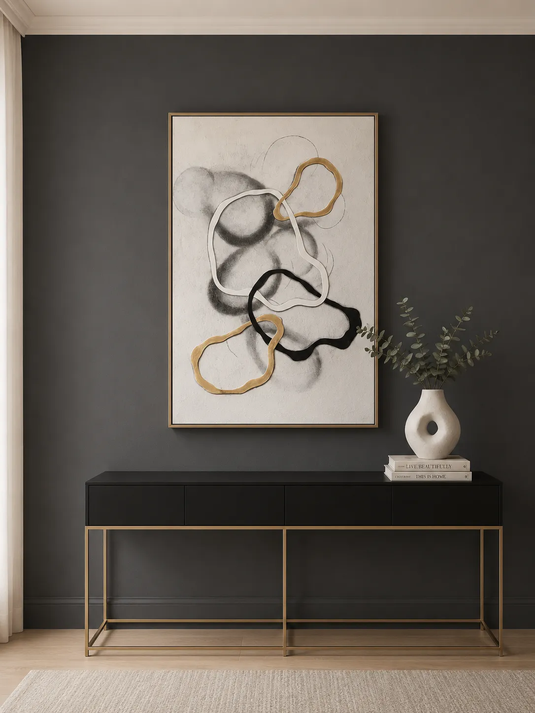 Framed Abstract Gold & Black Swirl Lines 80-120cm