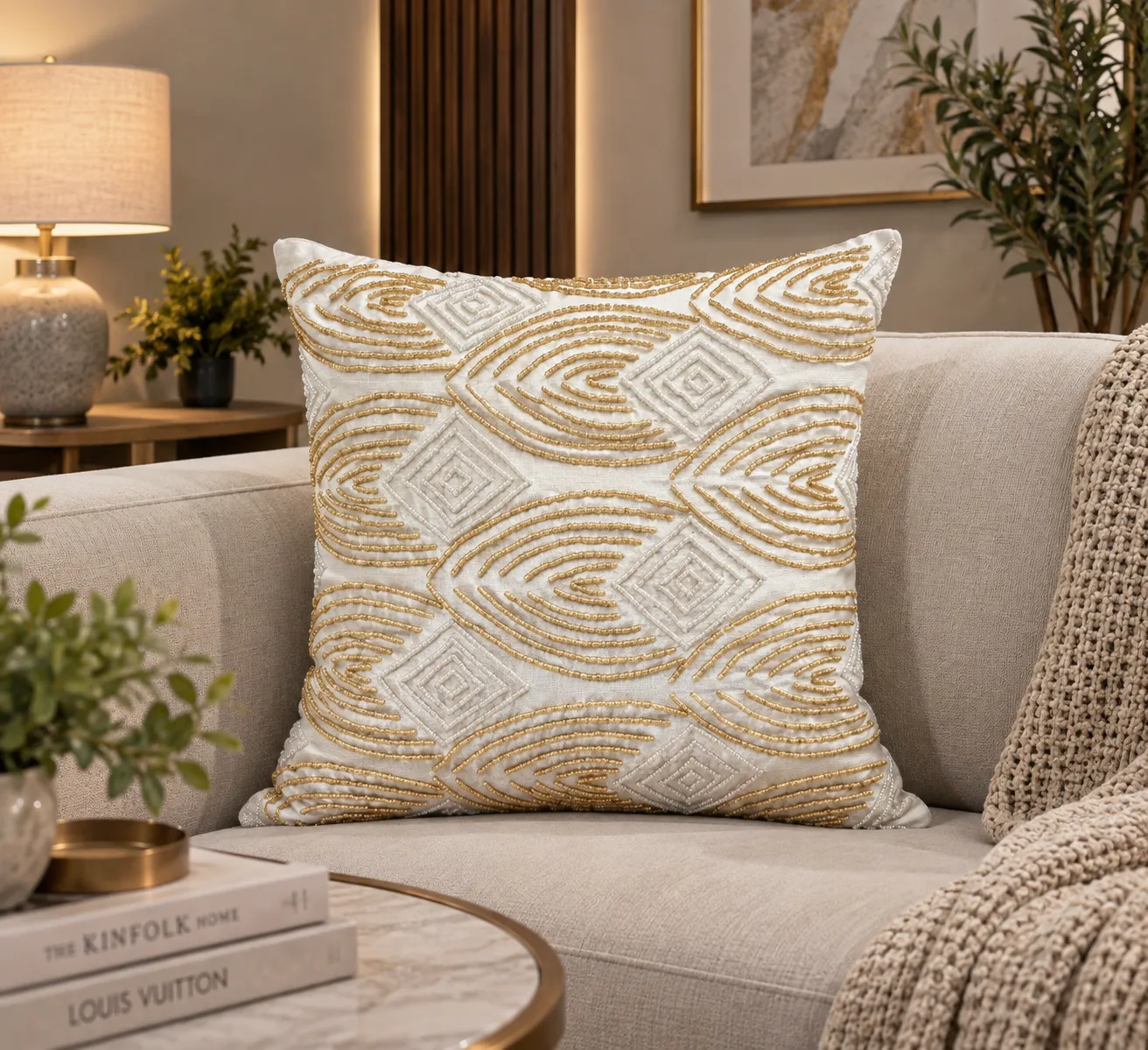 White Gold Leaf Cushion Cover Design 4532