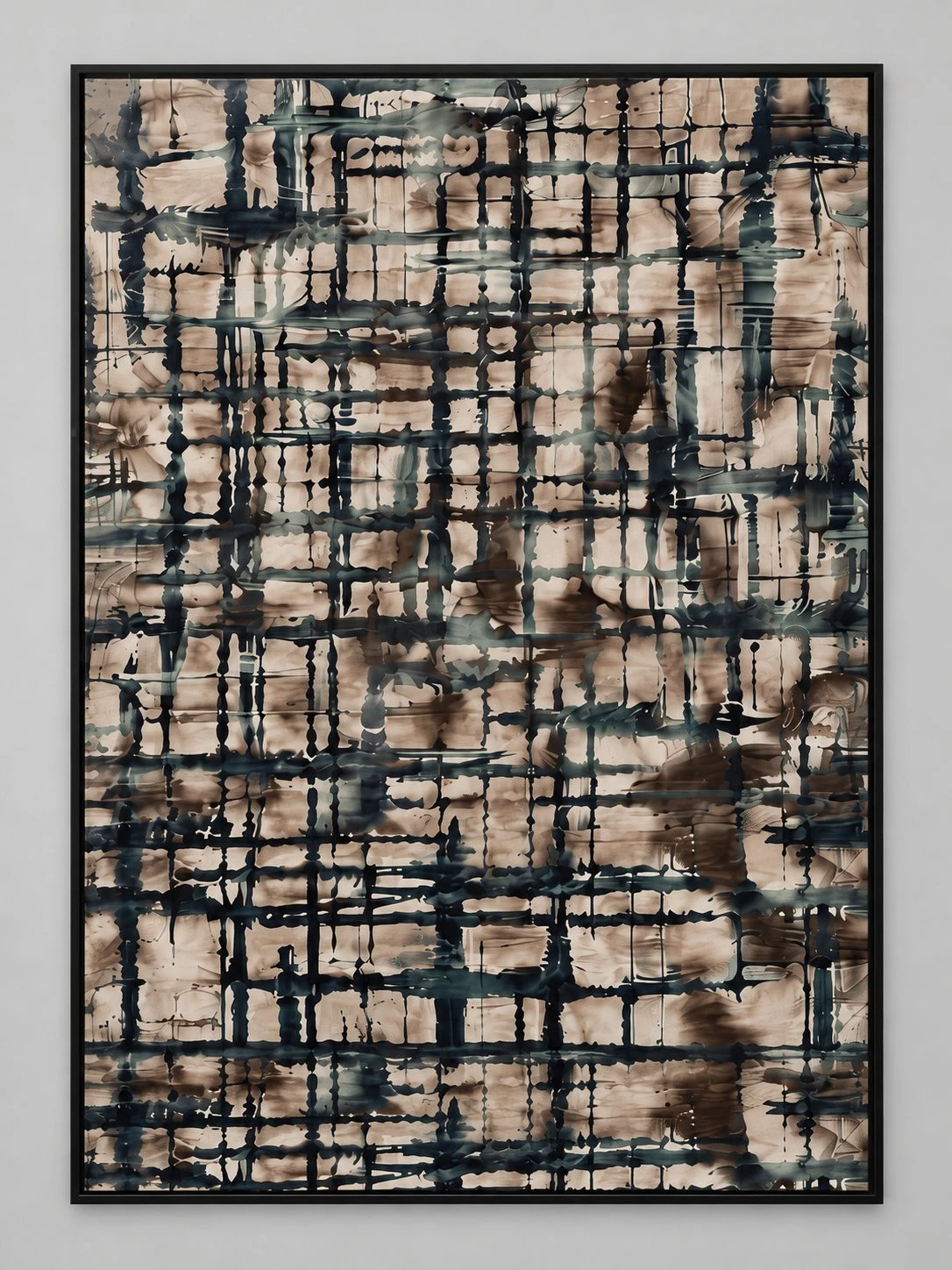 Straight-on view of the framed teal and black brown plaid art print