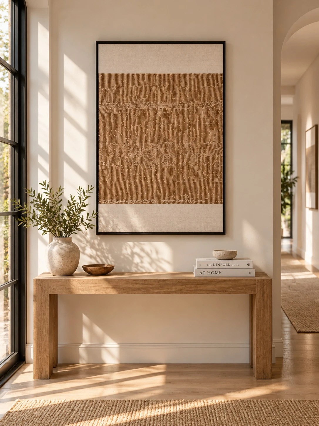 Framed Brown & Cream Abstract Art 80x120 cm - styled in a hallway