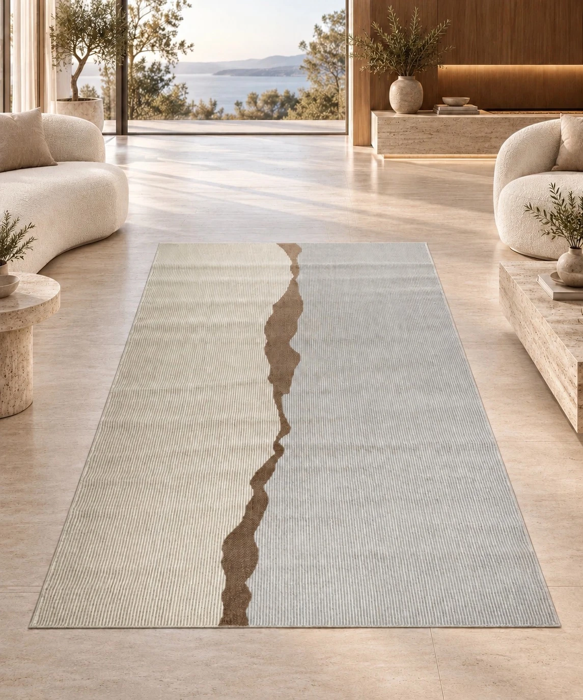 Split Tone Gray Beige Abstract Rug - living room lifestyle