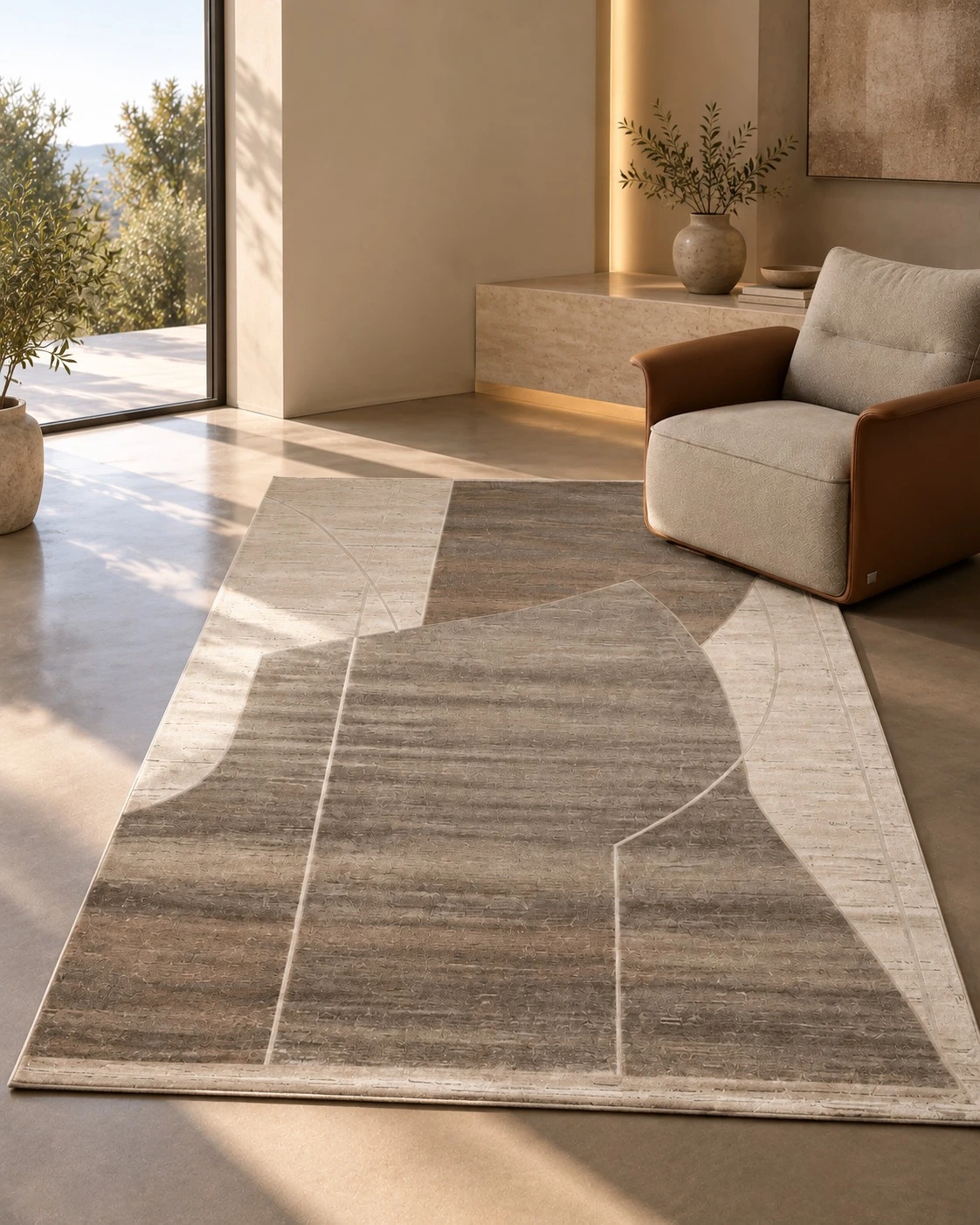 Taupe Geometric Panel Rug - living room lifestyle