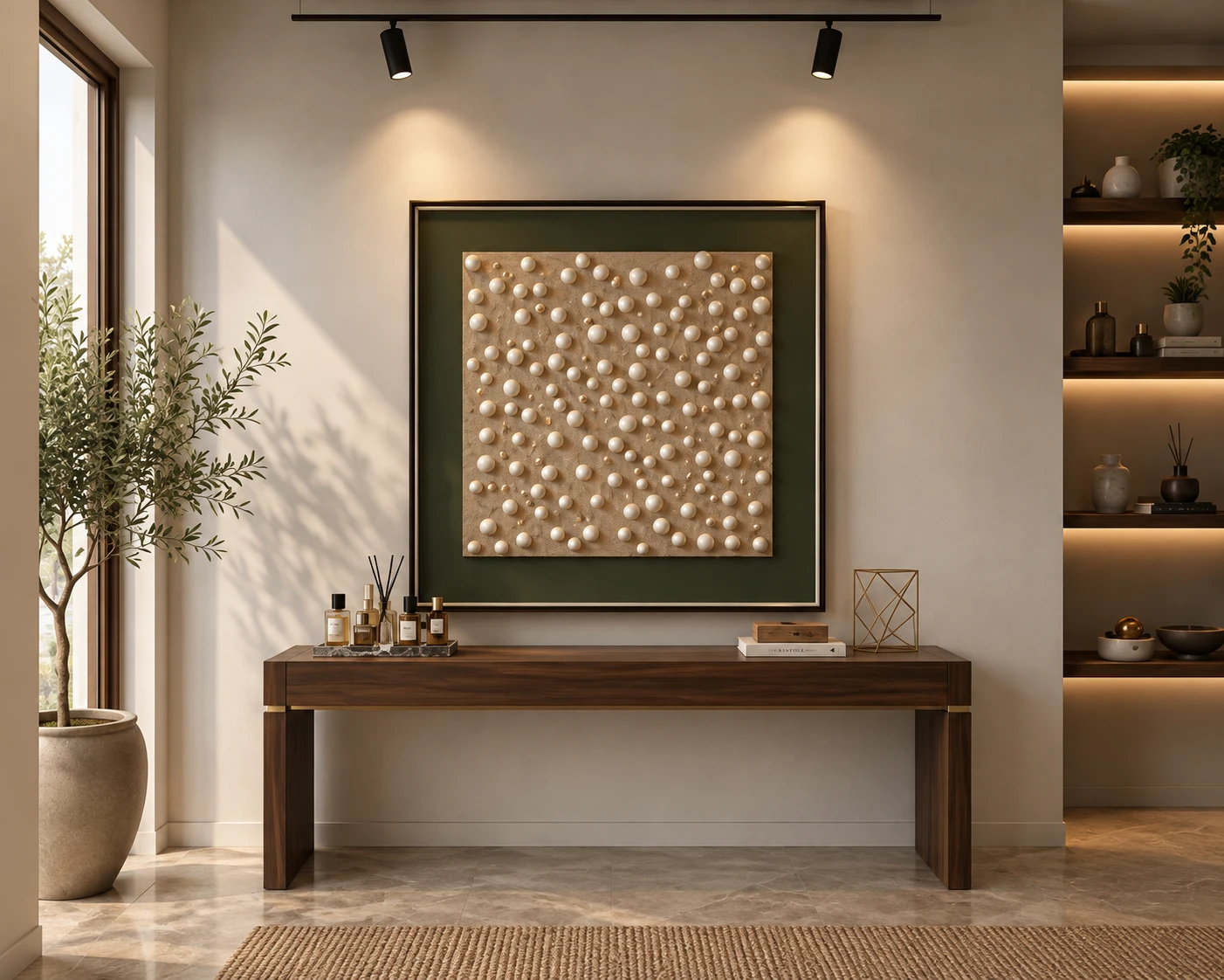 Framed raised cream dots textured art with green mat