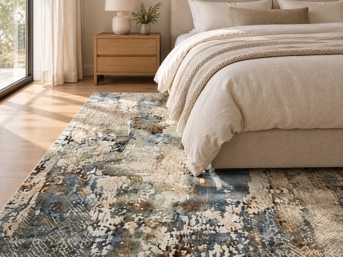 Blue gray mottled rug at the foot of a bed in a bright bedroom