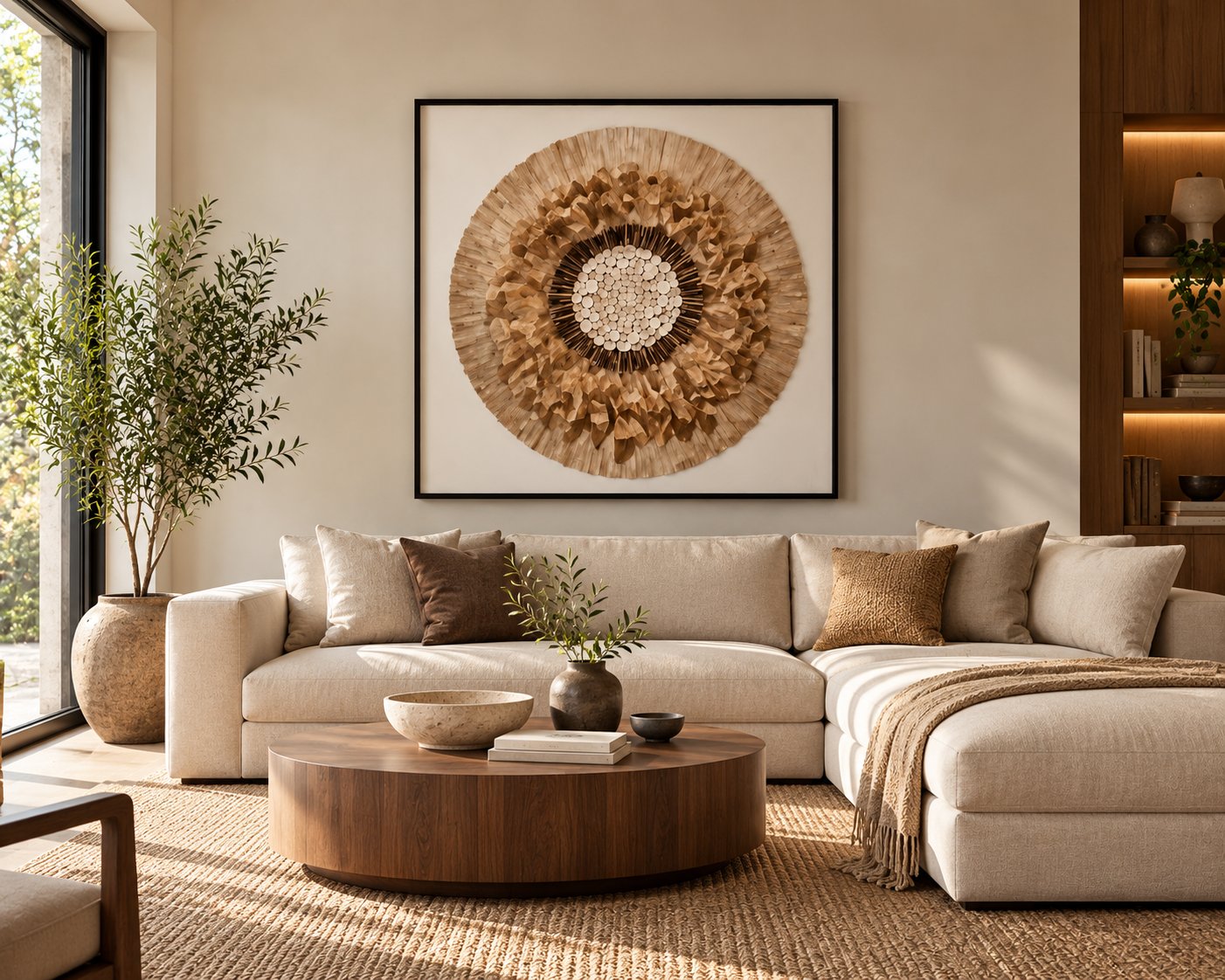Framed Gold Wreath Circle Art 80x80 cm above a sofa in a living room