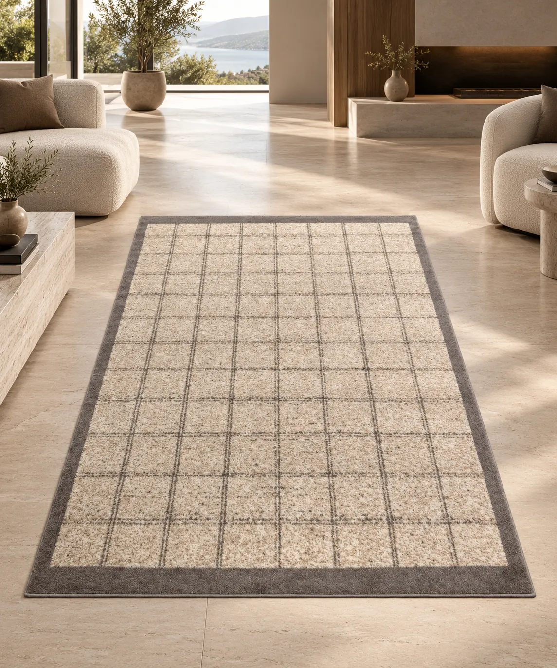 Beige Grid Pattern Area Rug