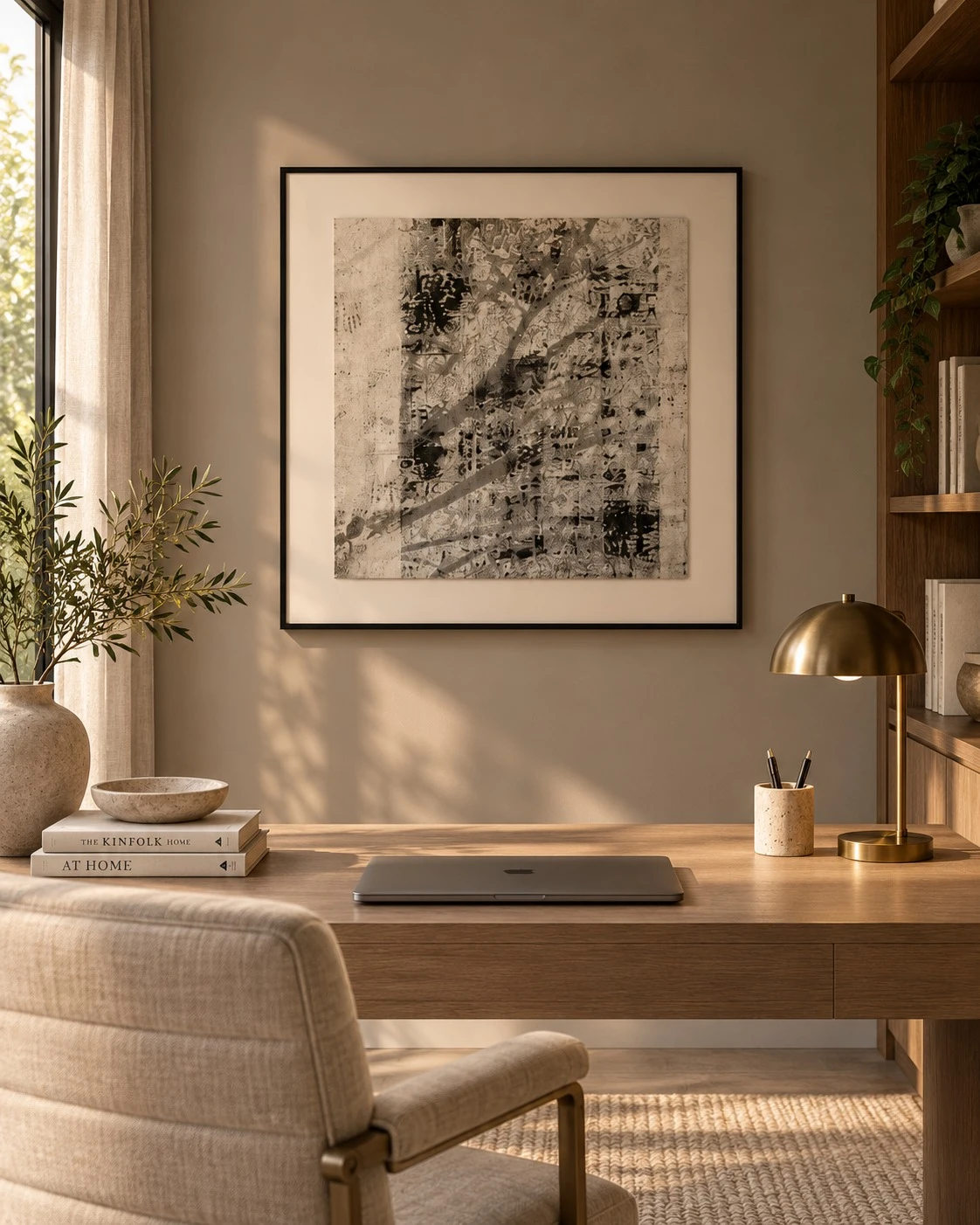 Framed B&W Mixed Media Collage 90x90 cm - home office setting