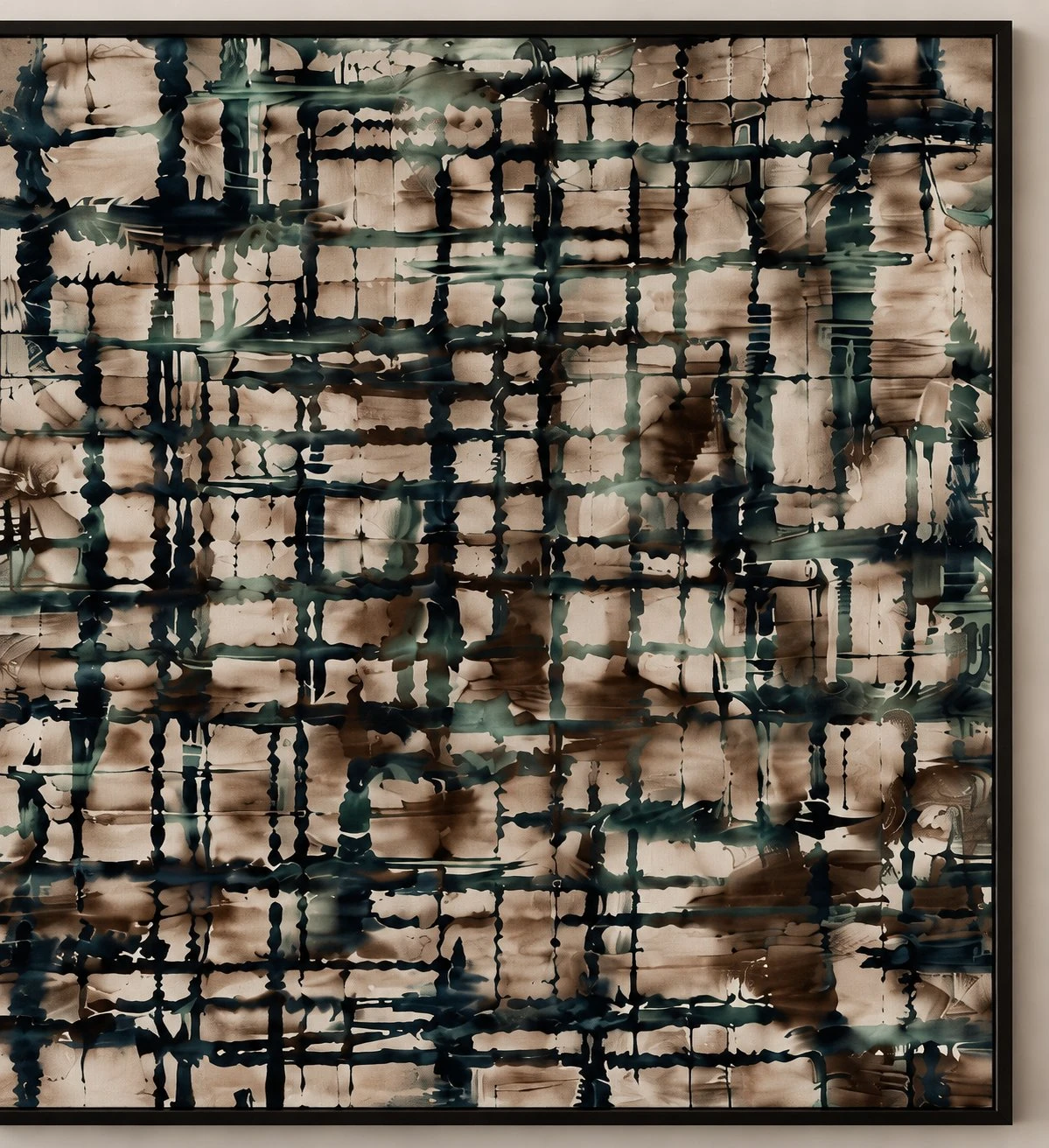Close-up of the teal and black plaid brushstrokes over beige washes